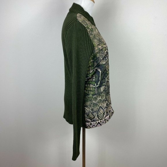 One World Sweater Jacket XL Full Zip Ribbed Knit Printed Green Long Sleeve - Picture 3 of 12